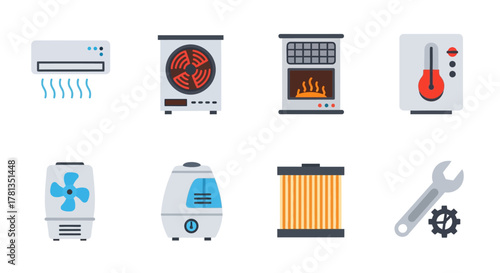 Flat hvac and home appliance icons set for climate control and repair tools