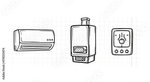 Heating and cooling appliances: hand-drawn style for modern homes
