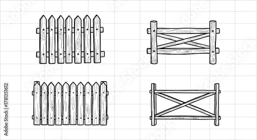 Set of hand drawn wooden fences with distinct patterns