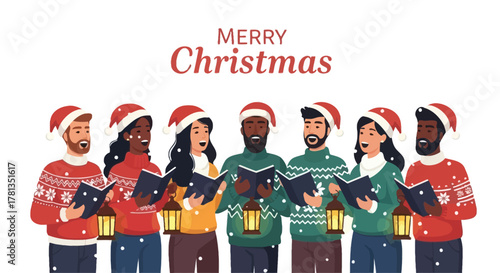 Diverse group of people wearing santa hats and christmas sweaters singing carols holding lanterns and songbooks