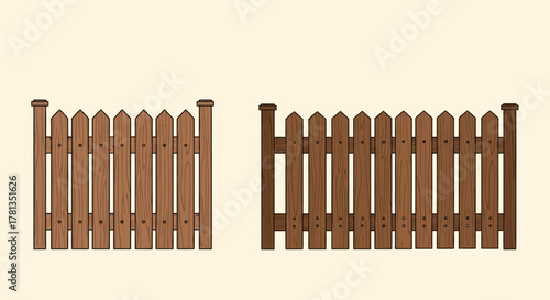 Wooden fence variations: picket and vertical plank styles on neutral background