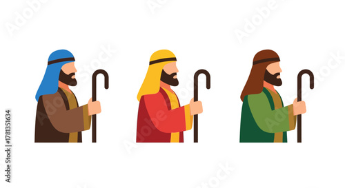 Flat design shepherds in traditional clothing with staffs on white background