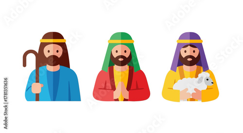 Colorful flat style three wise men with gifts and symbols on white background