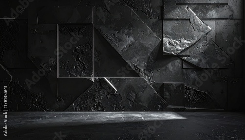 Dark, textured, geometric wall in an empty room with dramatic spotlighting