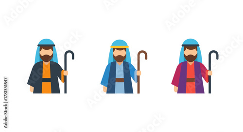 Flat design three wise men with shepherd's staffs in vibrant colors