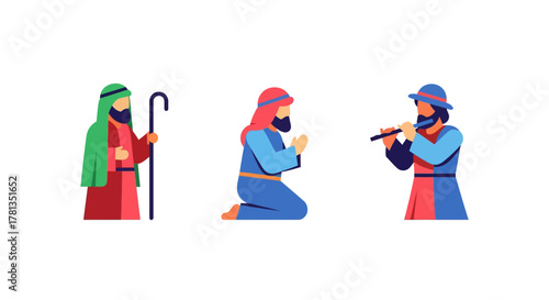 Colorful flat style biblical characters with shepherd, praying figure, and musician