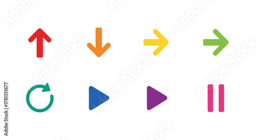 Colorful arrow and media icons collection on white background