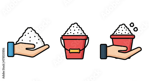 Cartoon style salt collection: hand and bucket with granular salt in three variations