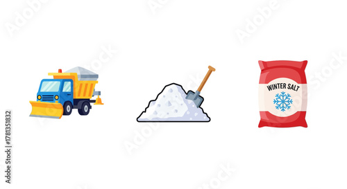 Winter snow removal essentials: snow plow truck, salt pile, winter salt bag