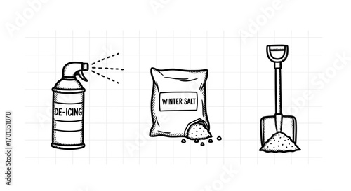Hand drawn de-icing spray, winter salt, and shovel on grid background
