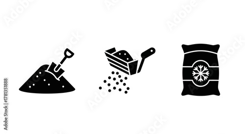 Garden tools and fertilizer icons: shovel, spreader, fertilizer packet in black silhouette style