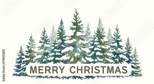 Winter forest scene with snow covered pine trees and merry christmas text overlay