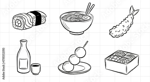 Black and white japanese food icons: sushi, ramen, tempura, sake, dango, bento box