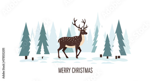 Majestic stag with antlers walking through a snowy winter forest with pine trees and merry christmas text