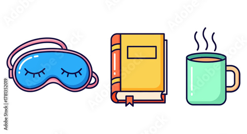Cozy nighttime essentials set in modern flat design with sleep mask, book, and mug