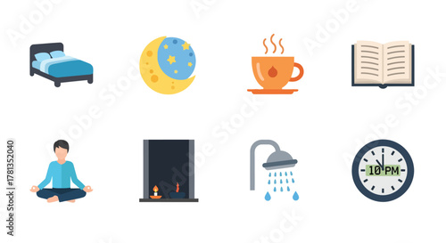 Evening routine icons: bed, moon, tea, book, meditation, candle, shower, clock