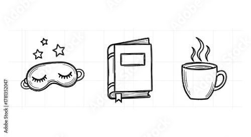 Cozy night in with sleep mask, book, and hot drink line art