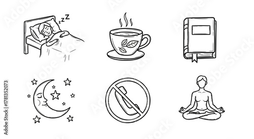 Simple outline icons of relaxation: sleep, coffee, reading, meditation, and do not disturb