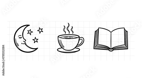 Minimalist nighttime relaxation icons: moon, coffee, book on grid background