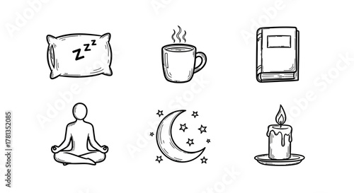 Sleep and relaxation icons: pillow, tea, book, meditation, moon, candle