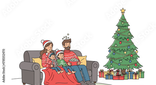 A happy family wearing christmas hats and sweaters enjoys popcorn while watching a movie next to a decorated christmas tree with gifts