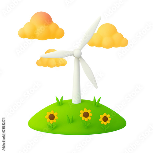 A 3D rendered, stylized illustration is presented on a transparent background, depicting a scene related to renewable energy and nature.