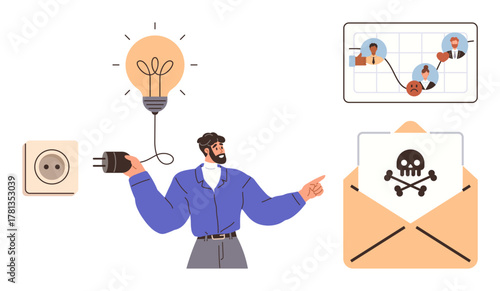 Man holding plug near outlet, glowing lightbulb, email with skull warning, digital network graph. Ideal for cybersecurity, innovation, risk, data protection, awareness connections cyber threats