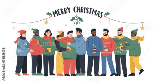 Diverse group of friends in festive sweaters and scarves celebrating christmas together with hot drinks