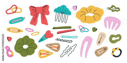 Hair Accessories Collection with Bows Clips Scrunchies Rings and Hairpins Isolated on White Background. Colorful Fashion Illustration of Female Beauty Items and Hair Decoration Elements
