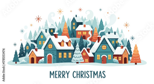 Charming snowy village scene with cozy houses and christmas trees under a winter sky