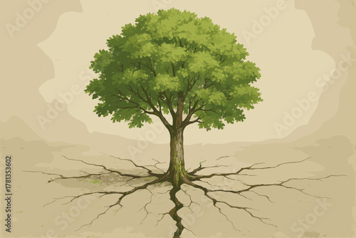 A lush green tree stands tall with an extensive network of roots visibly spreading across a dry, cracked earth, symbolizing resilience and growth.