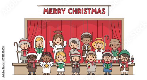 Diverse group of cute cartoon children dressed as nativity characters singing carols on stage with merry christmas banner
