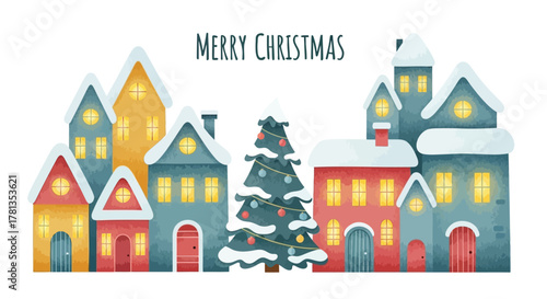 Charming snowy village scene with illuminated houses and decorated christmas tree