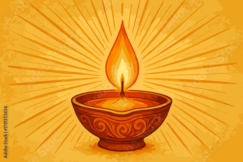 A decorative brown clay oil lamp with an ornate swirl pattern emits a glowing flame against a radiant backdrop of light beams.