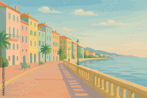 Scenic coastal promenade with pastel-colored buildings and palm trees lining the waterfront walkway under a clear sky.