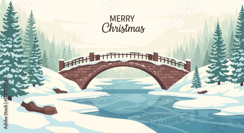 Merry christmas greeting card with a snow covered stone bridge over a frozen river and pine trees