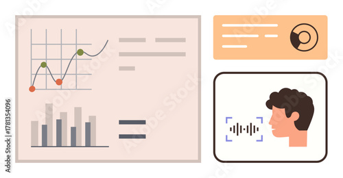 Graph with line and bar charts, ID card, and voice profile highlighting analytics, AI, and security. Ideal for technology, data, biometrics security AI innovation modern design. Simple flat