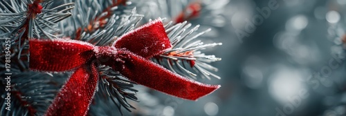 A red ribbon is wrapped around a pine tree branch