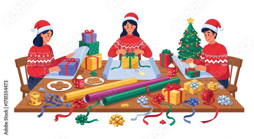 Happy family members wearing santa hats wrapping christmas presents together around a table