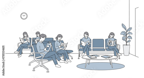 Illustration of people sitting in a waiting room, reading magazines and digital devices, with a clock on the wall and a potted plant in the corner.