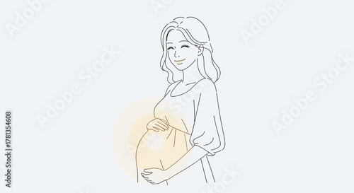 Outline drawing of a young pregnant asian female gently cradling her belly with a serene expression, highlighting the glow of motherhood.