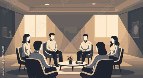Group of young adults sitting in a circle in a serene, warmly lit room, engaged in a discussion, with a small plant on the central coffee table.