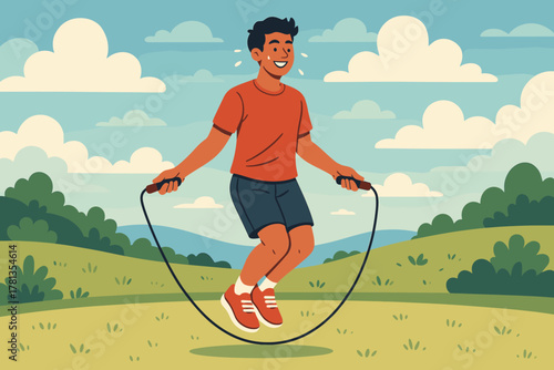 Young hispanic male joyfully jumping rope in an outdoor grassy area, dressed in a casual orange t-shirt and shorts, surrounded by a clear sky and lush greenery.