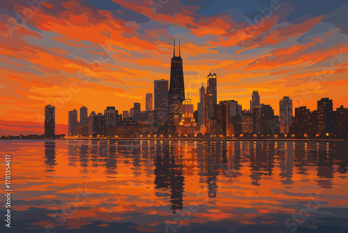 Dramatic orange and blue sunset sky over the silhouetted skyline of a city with tall buildings reflecting on a calm waterfront.