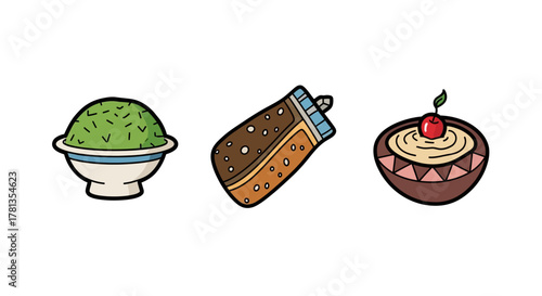 Hand drawn desserts and beverage: ice cream bowl, cold drink, and festive pudding with cherry