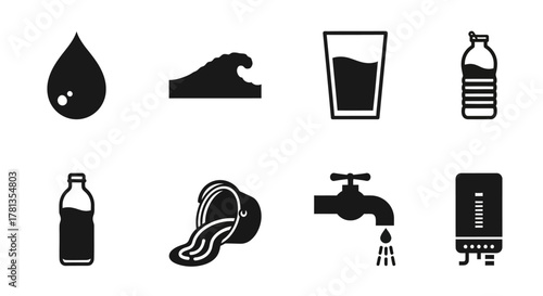Water icon set: silhouette designs of hydration elements and household water sources
