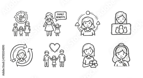 Hand drawn family and community icons with happy people and family benefits