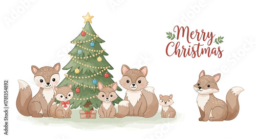 Cute cartoon fox family celebrating christmas with a decorated tree and presents