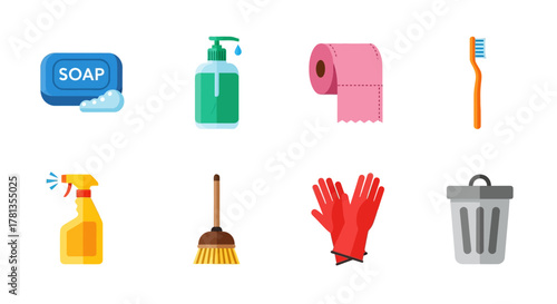 Essential cleaning supplies collection: soap, sanitizer, toilet paper, brush, spray, gloves, broom, trash bin