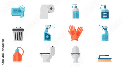 Colorful household cleaning icons set for hygiene and sanitation
